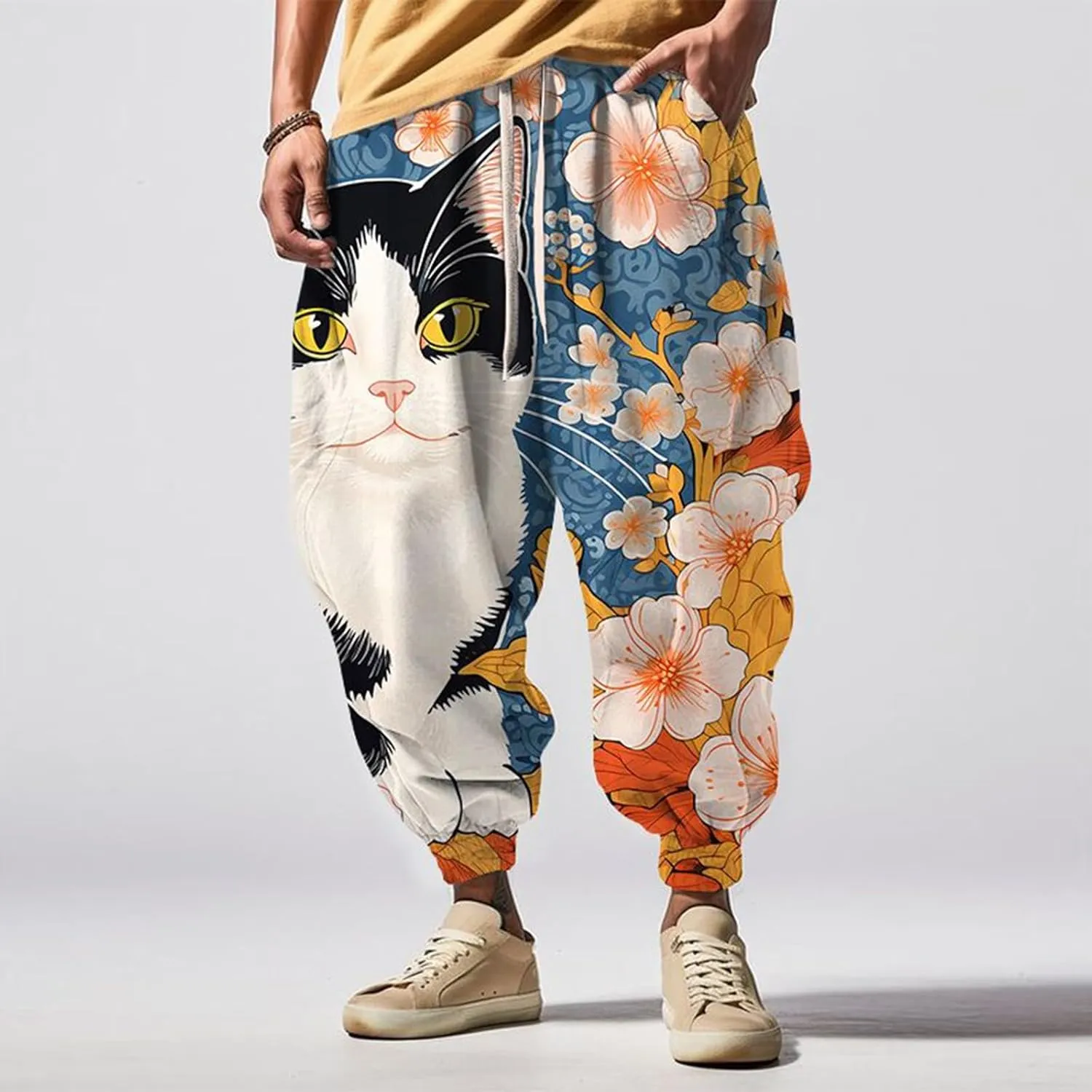 Men Drop Crotch Wide Leg Baggy Harem Pants Men's Autumn Fun Print Fashion Street Feel Casual Loose Drop Crotch