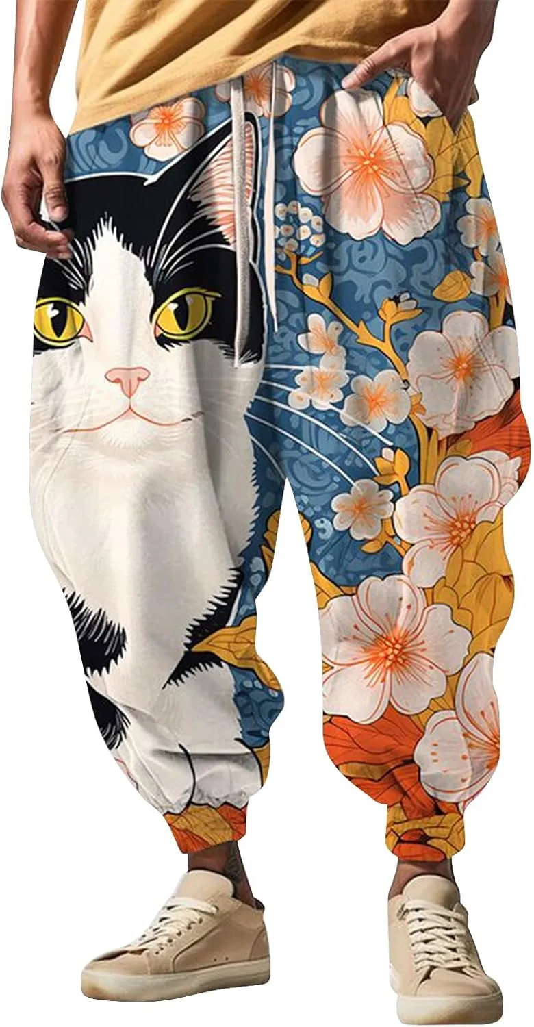 Men Drop Crotch Wide Leg Baggy Harem Pants Men's Autumn Fun Print Fashion Street Feel Casual Loose Drop Crotch