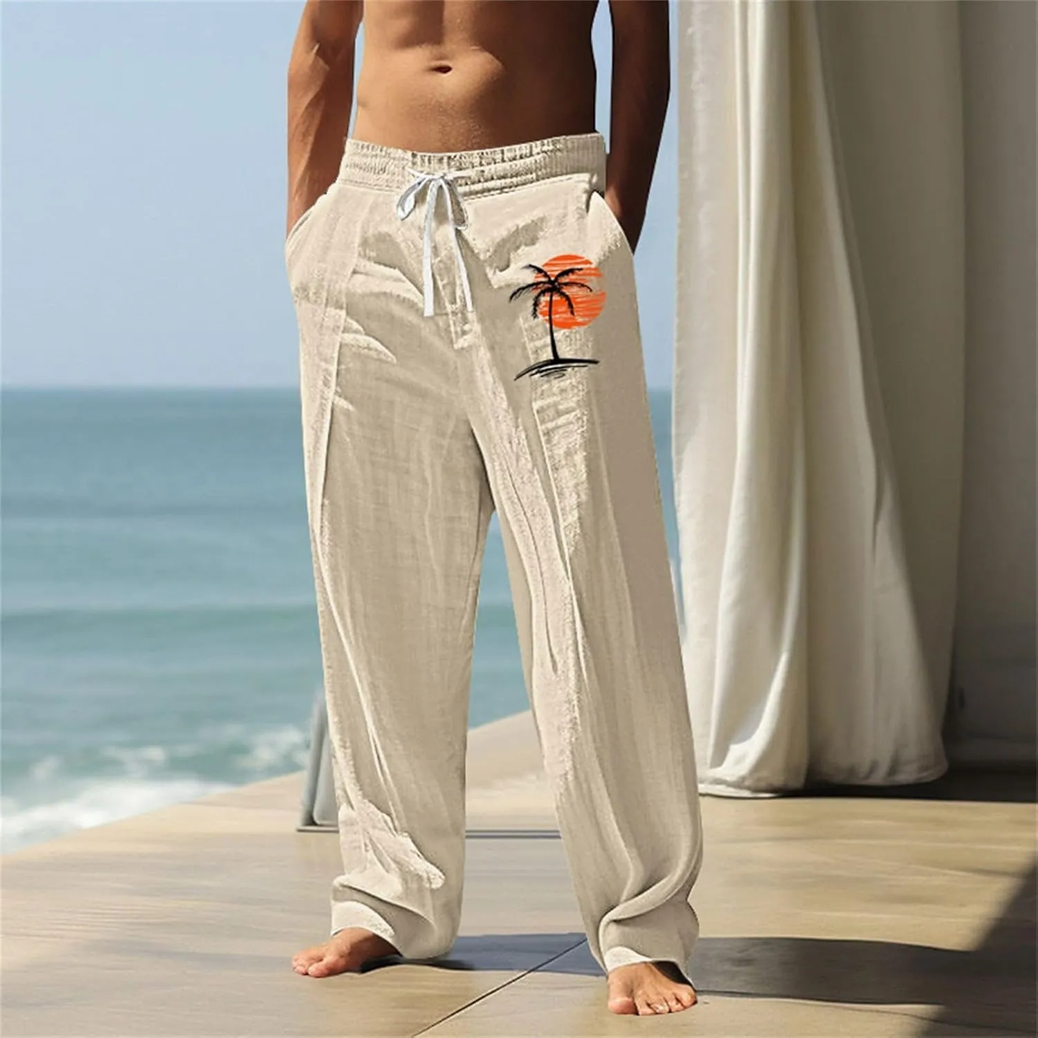 Men Palm Tree Graphic Pants Sun Beach Print Pants Summer Lightweight Vacation Beach Casual Slacks Drawstring Trousers