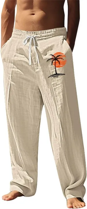 Men Palm Tree Graphic Pants Sun Beach Print Pants Summer Lightweight Vacation Beach Casual Slacks Drawstring Trousers