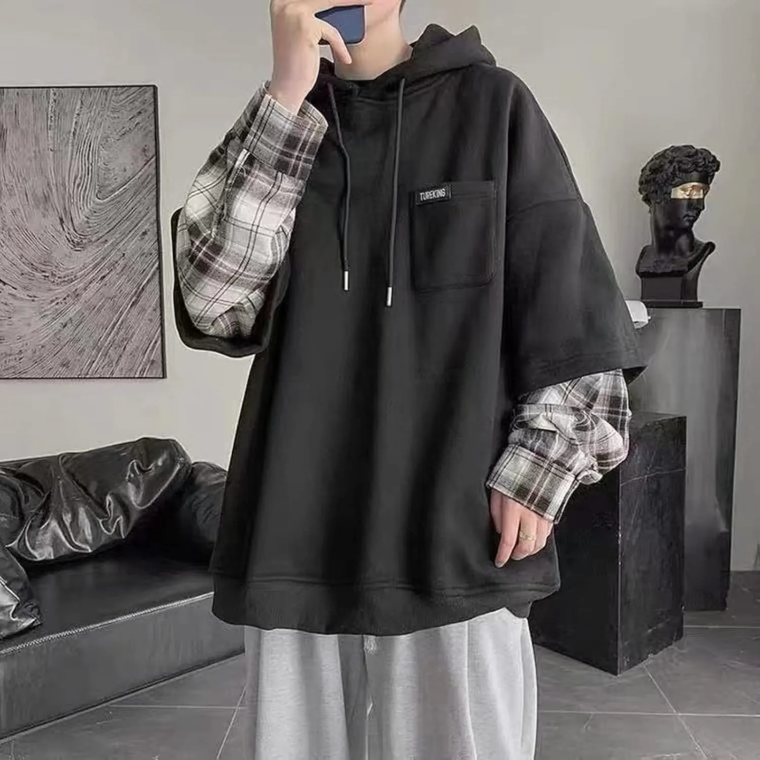 Men Women Preppy Hoodie Harajuku Plaid Sleeve Light Academia Kawaii Korean Japanese Oversized Fall Aesthetic Grunge