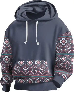 Men's Aztec Sweatshirts Hoodies Vintage Ethnic Print Heavy Weight Hooded Pullover with Kangaroo Pocket