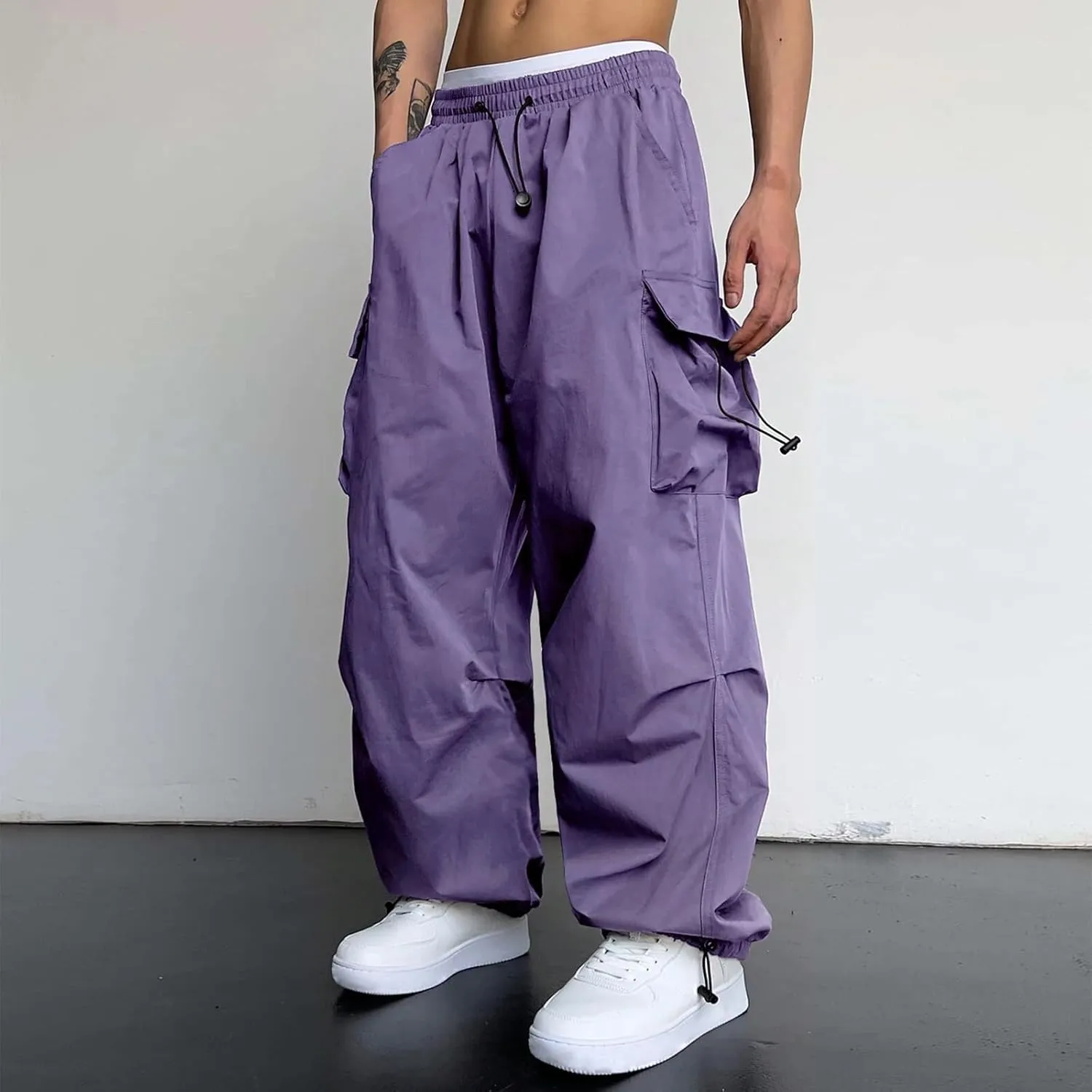 Men's Baggy Cargo Pants Drawstring Casual Y2K Parachute Pants Loose Fit Harem Joggers with Pockets