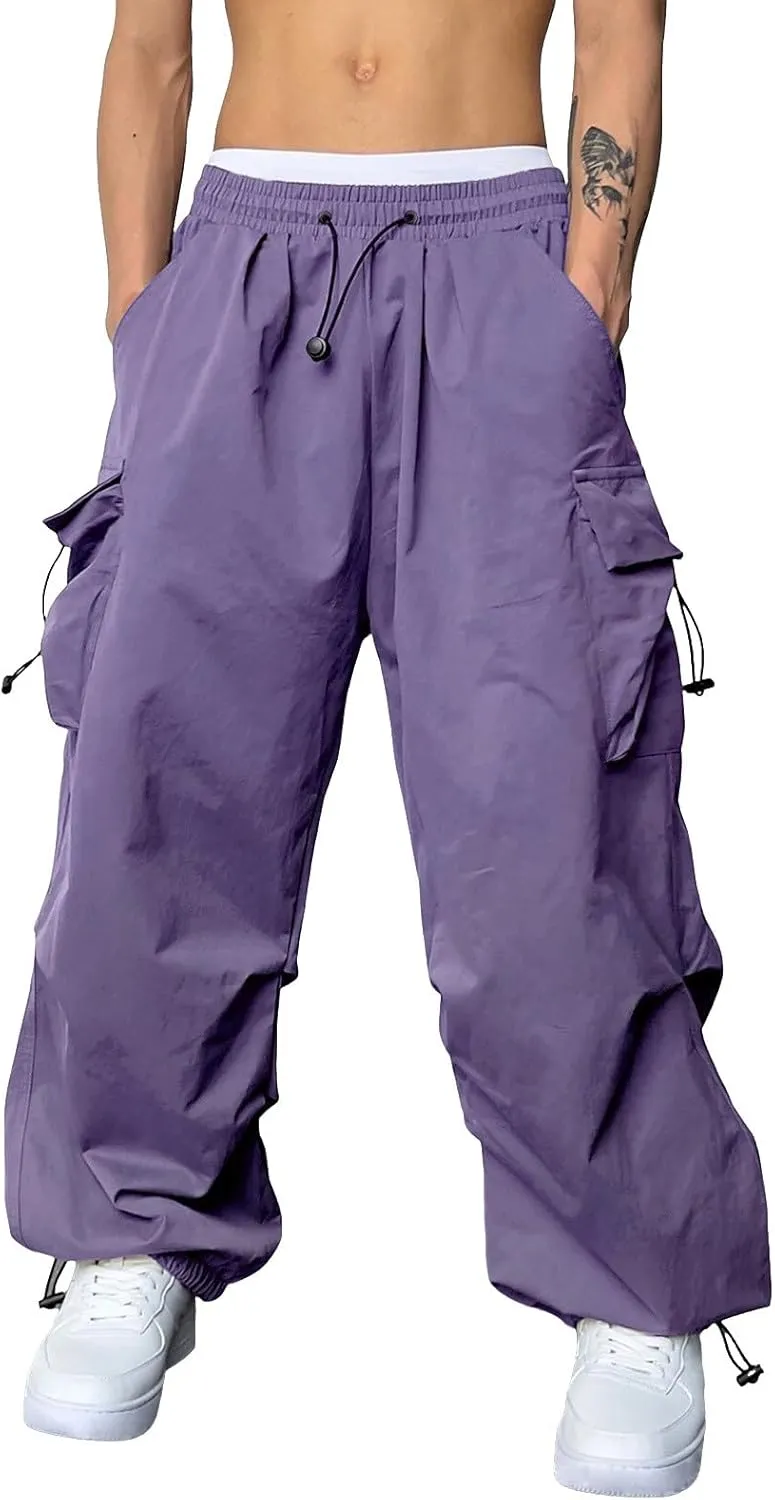 Men's Baggy Cargo Pants Drawstring Casual Y2K Parachute Pants Loose Fit Harem Joggers with Pockets
