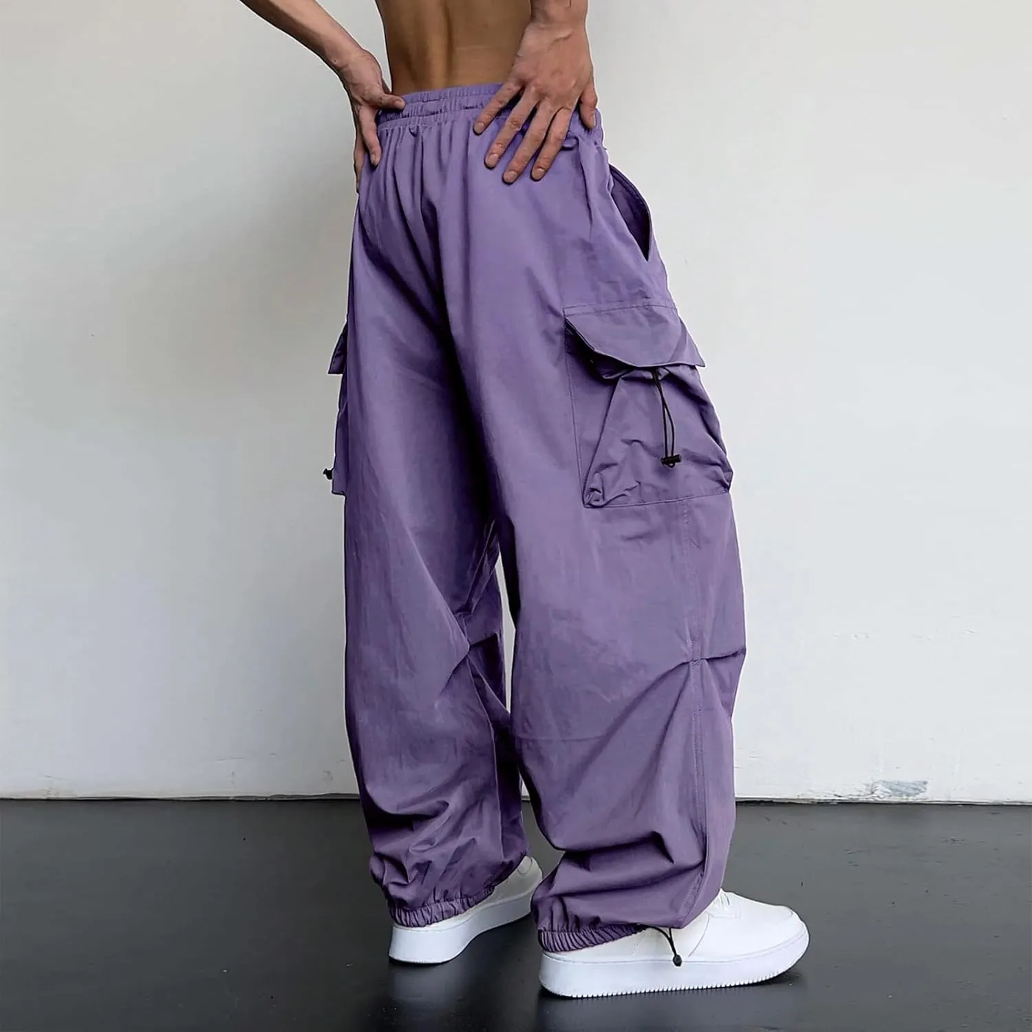 Men's Baggy Cargo Pants Drawstring Casual Y2K Parachute Pants Loose Fit Harem Joggers with Pockets