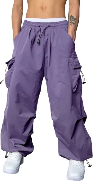 Men's Baggy Cargo Pants Drawstring Casual Y2K Parachute Pants Loose Fit Harem Joggers with Pockets