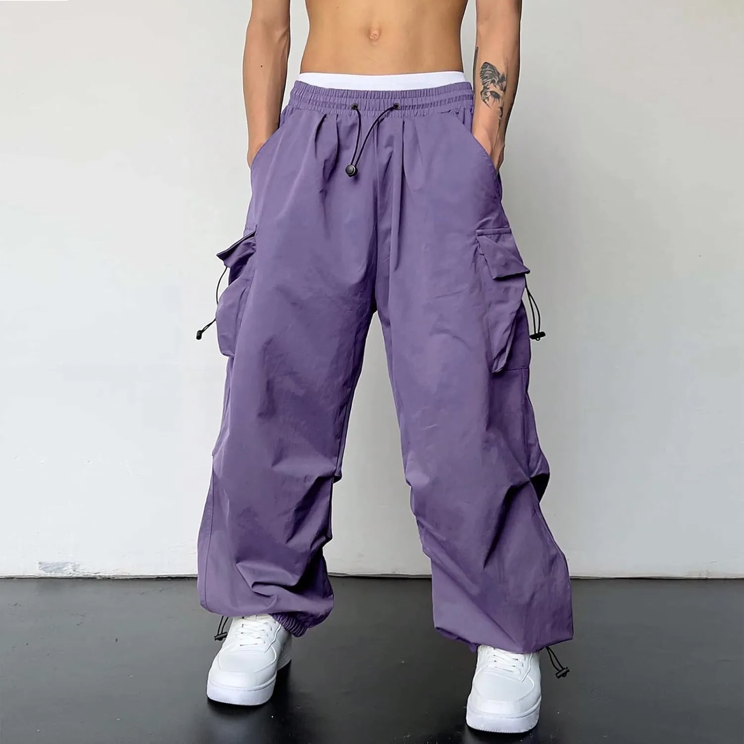 Men's Baggy Cargo Pants Drawstring Casual Y2K Parachute Pants Loose Fit Harem Joggers with Pockets