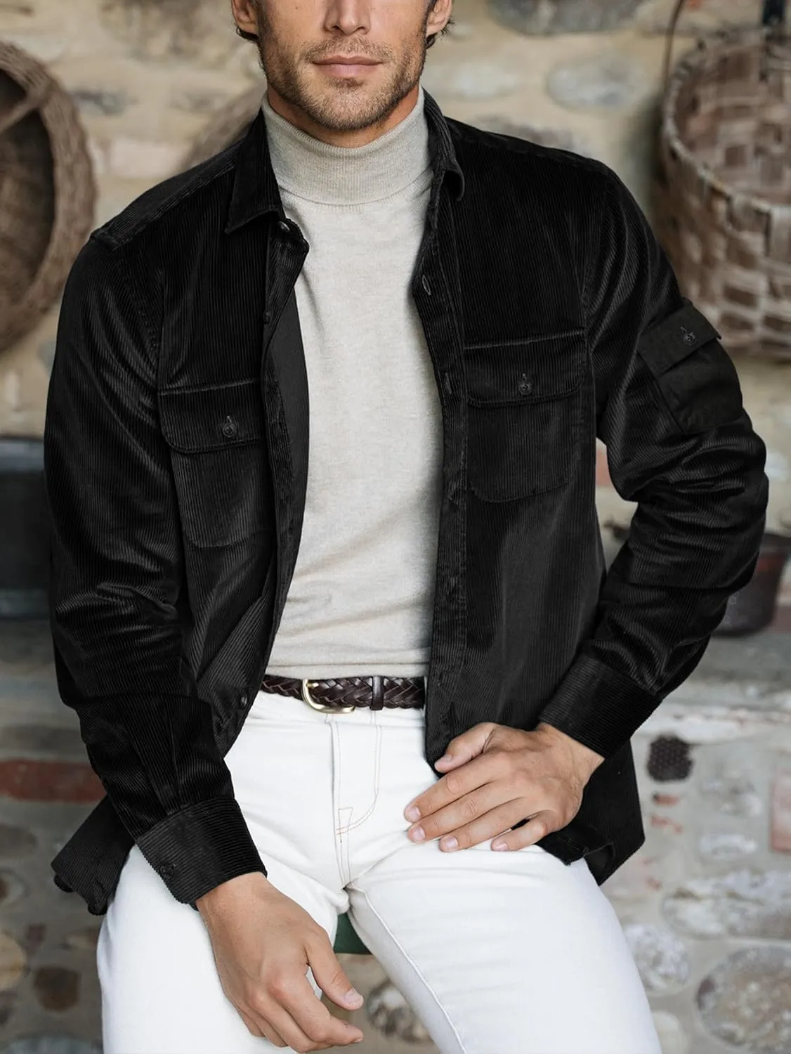 Men's Corduroy Shirt Fall Button Down Shirts Long Sleeve Jackets Casual Shacket with Flap Pockets