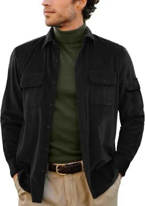Men's Corduroy Shirt Fall Button Down Shirts Long Sleeve Jackets Casual Shacket with Flap Pockets