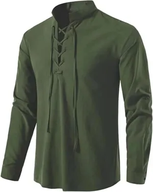 Men's Cotton Linen Lace Up Shirts Pirate Medieval Viking Renaissance Halloween Costume Drawstring Arm Banded Tops