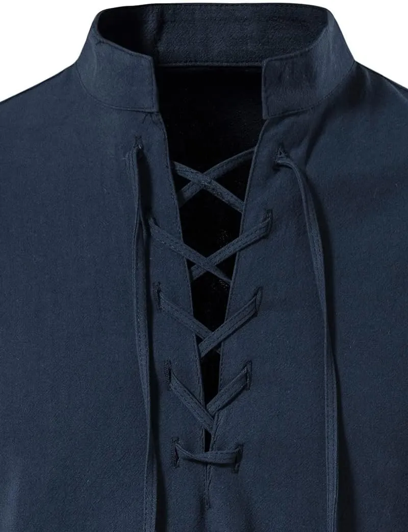 Men's Cotton Linen Lace Up Shirts Pirate Medieval Viking Renaissance Halloween Costume Drawstring Arm Banded Tops