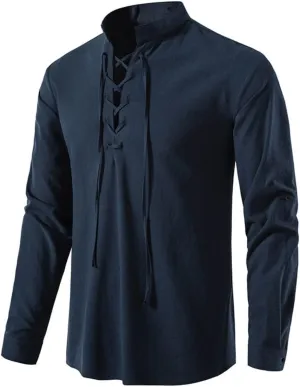 Men's Cotton Linen Lace Up Shirts Pirate Medieval Viking Renaissance Halloween Costume Drawstring Arm Banded Tops