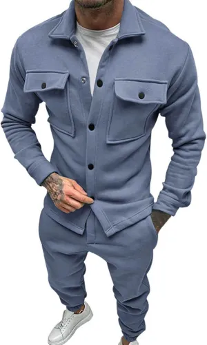 Mens Fashion 2 Piece Outfits Long Sleeve Button Down Shirt and Pants Sets Workout Athletic Sports Jogging Casual Tracksuits