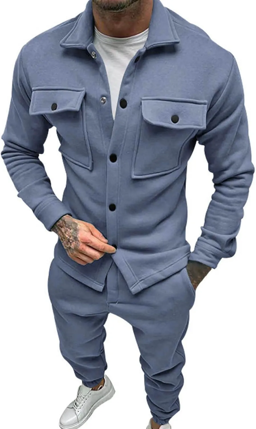 Mens Fashion 2 Piece Outfits Long Sleeve Button Down Shirt and Pants Sets Workout Athletic Sports Jogging Casual Tracksuits