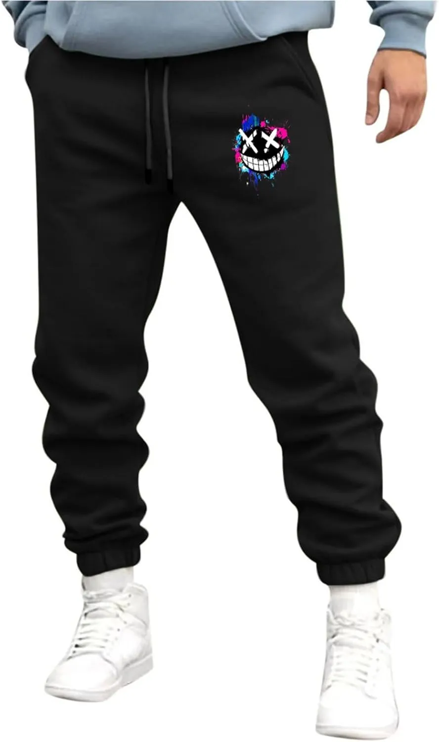 Men's Joggers Sweatpants Smiley Face Print Sweat Pants Fleece Jogger Athletic Trousers with Pockets