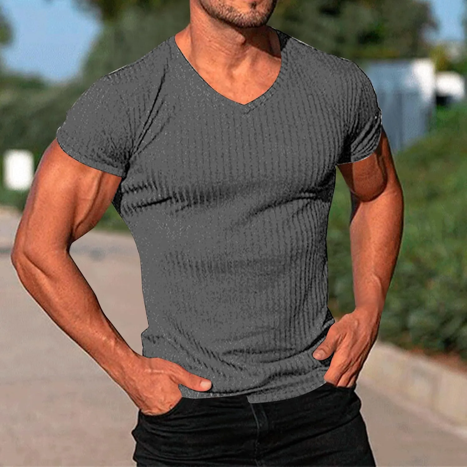 Mens Knit T Shirts Slim Fit Casual V Neck Short Sleeve Men Fashion Ribbed Knit Vintage Sweater Tee Pullover Shirts