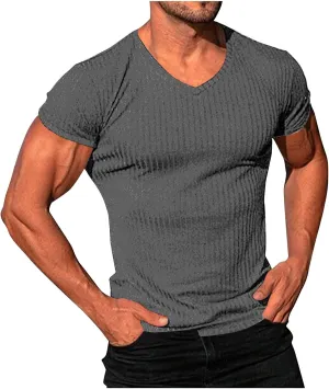 Mens Knit T Shirts Slim Fit Casual V Neck Short Sleeve Men Fashion Ribbed Knit Vintage Sweater Tee Pullover Shirts