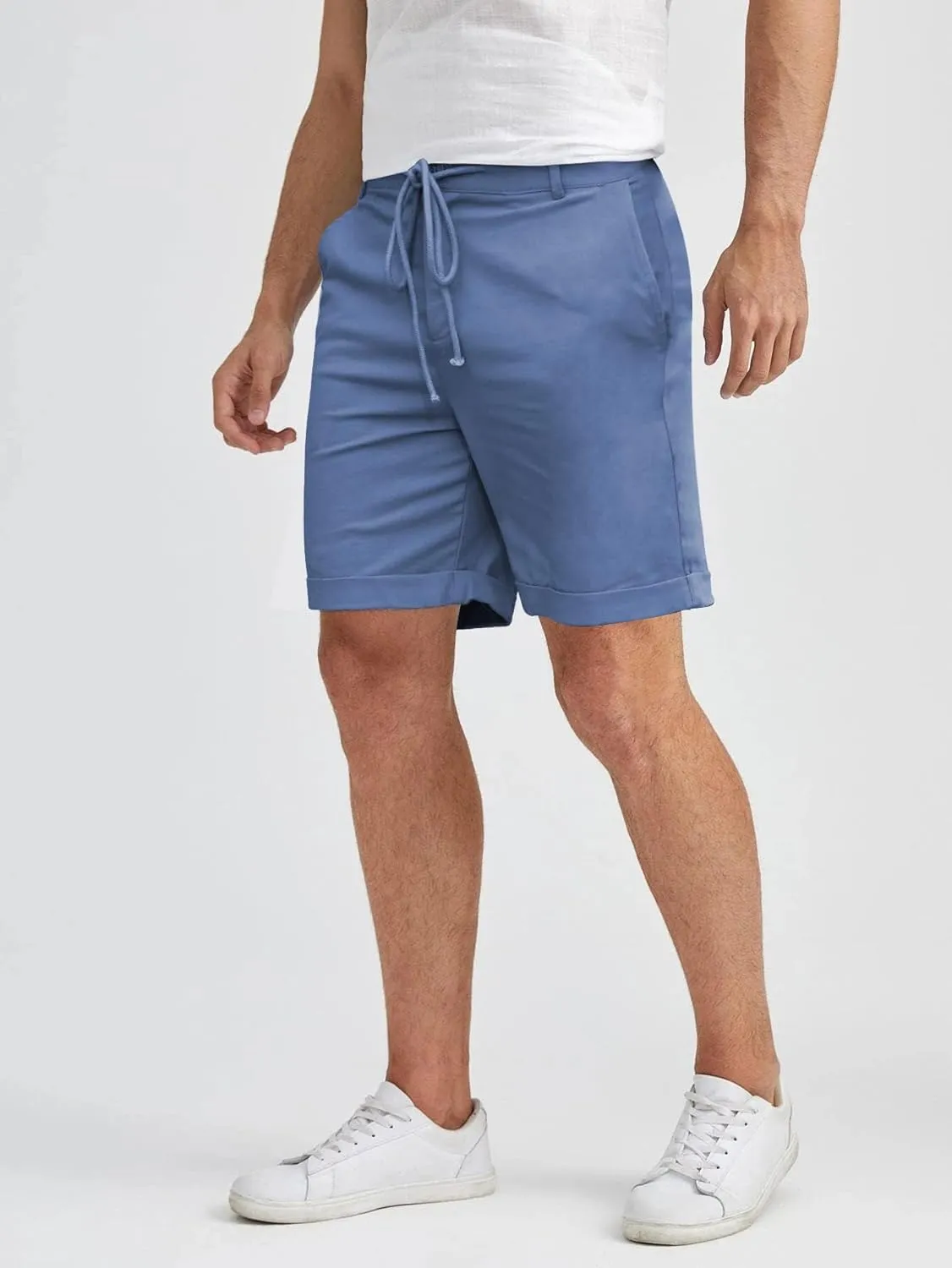 Men's Linen Casual Classic Short Elastic Waist Summer Beach Lightweight Board Slim-Fit with Pockets