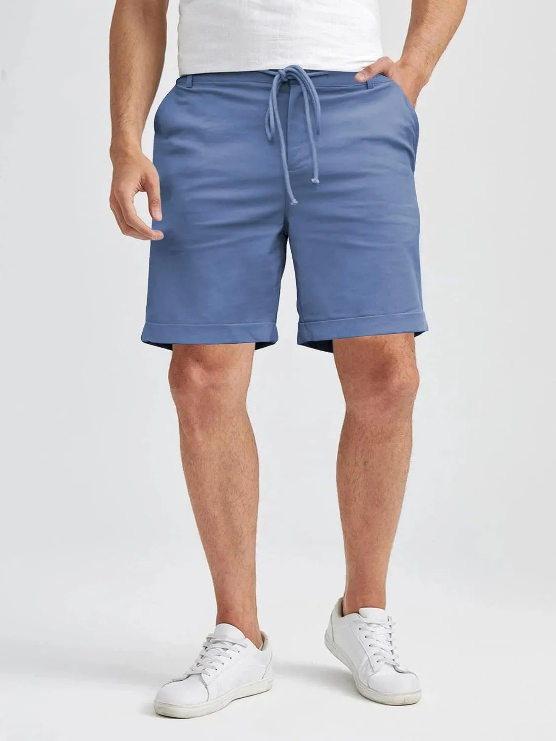 Men's Linen Casual Classic Short Elastic Waist Summer Beach Lightweight Board Slim-Fit with Pockets