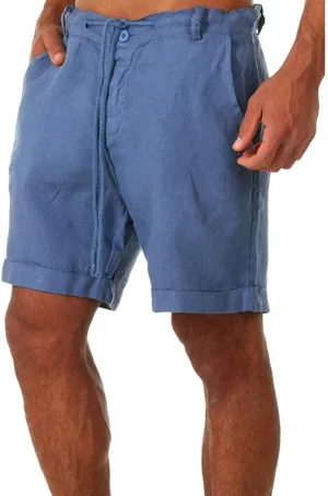 Men's Linen Casual Classic Short Elastic Waist Summer Beach Lightweight Board Slim-Fit with Pockets