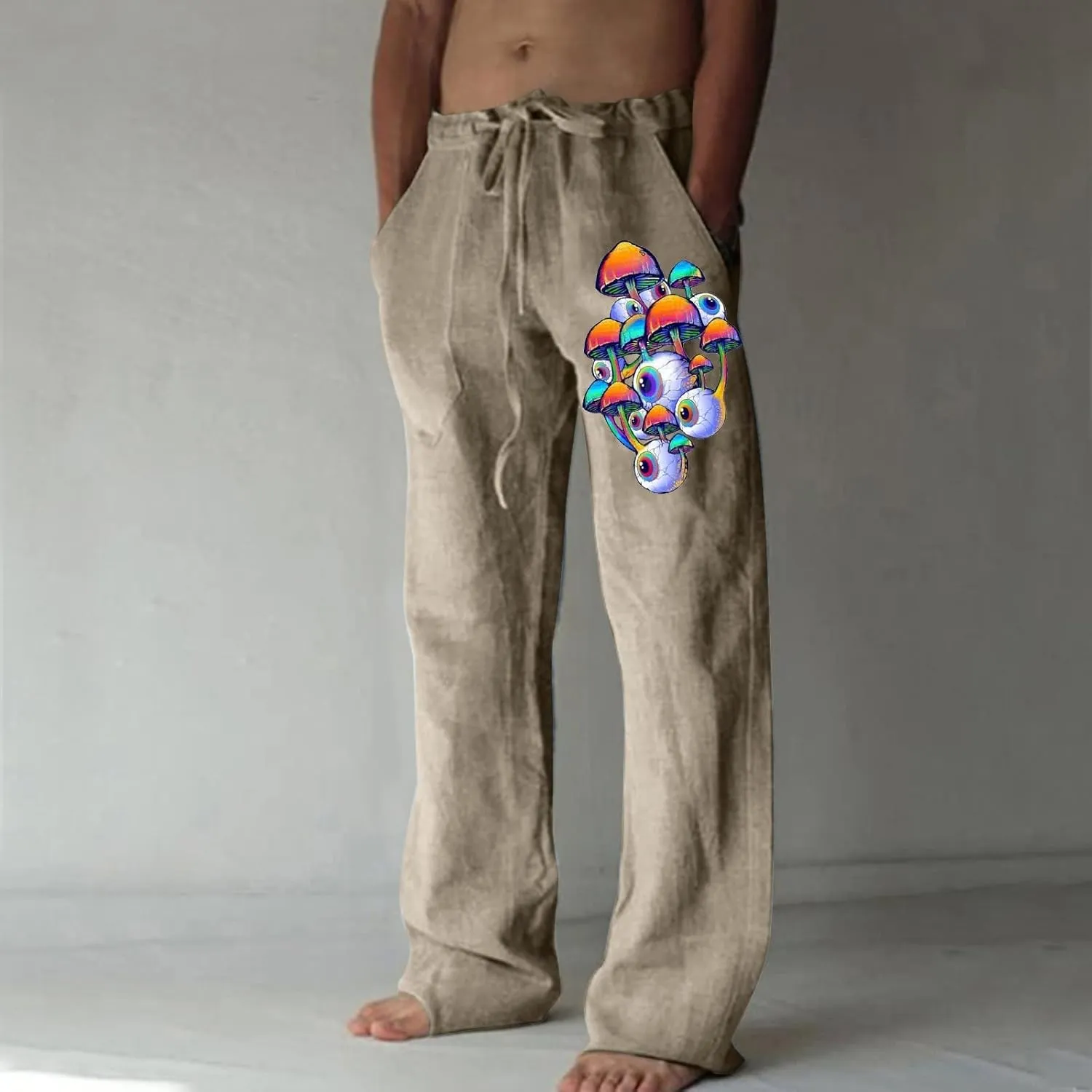 Mens Linen Drawstring Pants Elastic Waist Lightweight Trouser Casual Yoga Summer Beach Pant