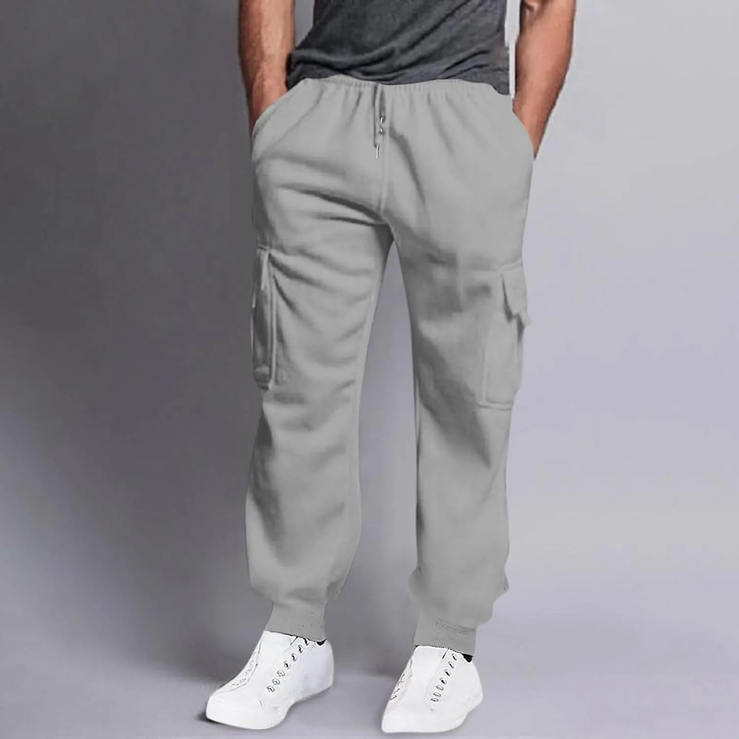 Mens Outdoor Hiking Cargo Pants Leisure Loose Sports Running Solid Color Lace Up Cargo Pants Men's Cargo Tactical