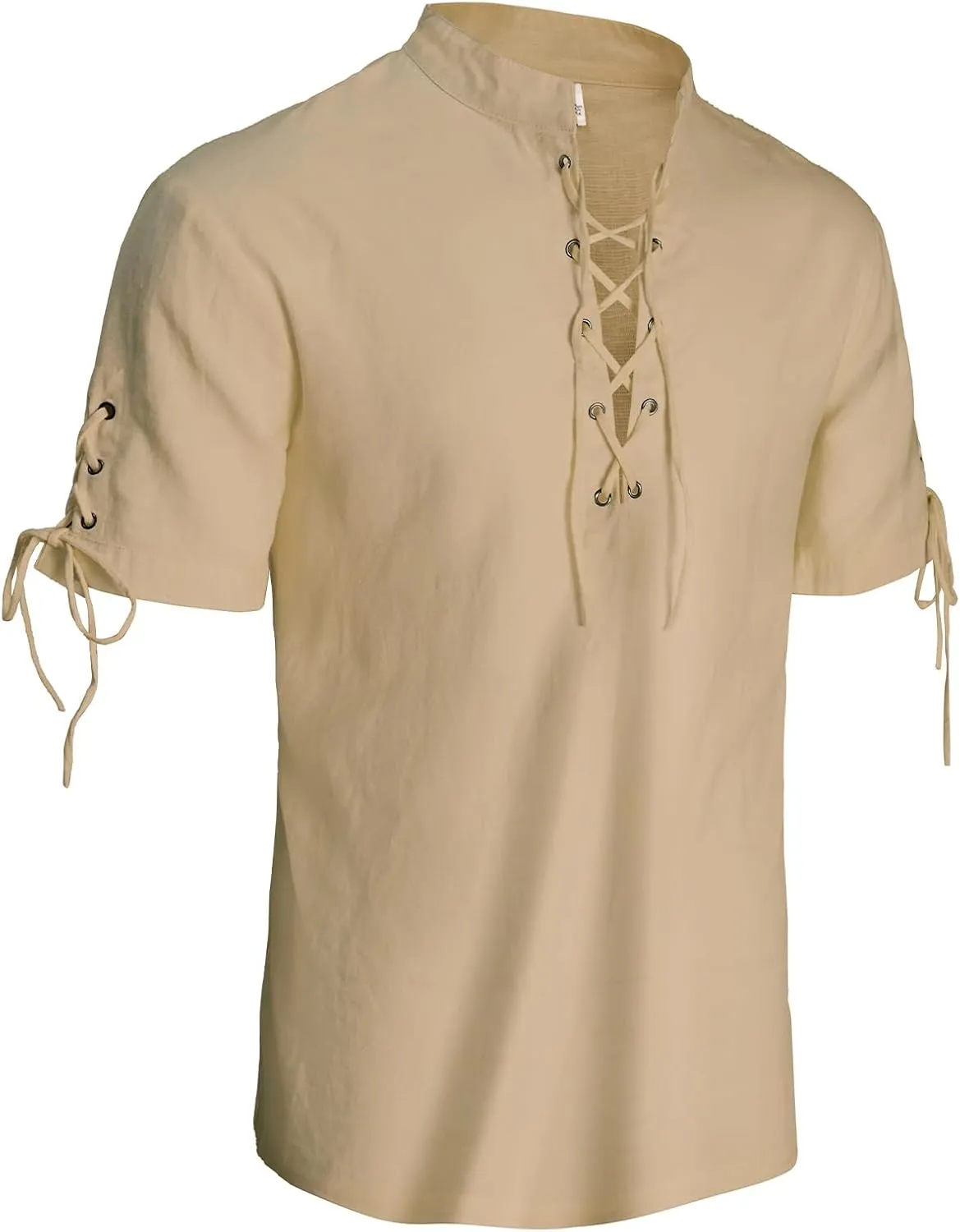 Mens Renaissance Shirt Pirate Medieval Viking Steampunk Top Lace Up V Neck Linen Short Sleeve Halloween Costume