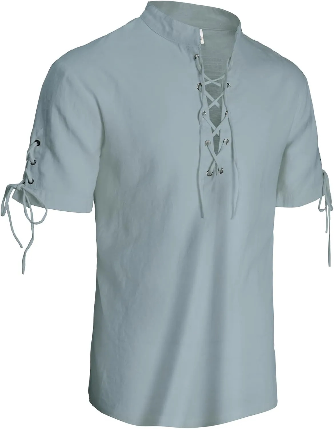 Mens Renaissance Shirt Pirate Medieval Viking Steampunk Top Lace Up V Neck Linen Short Sleeve Halloween Costume