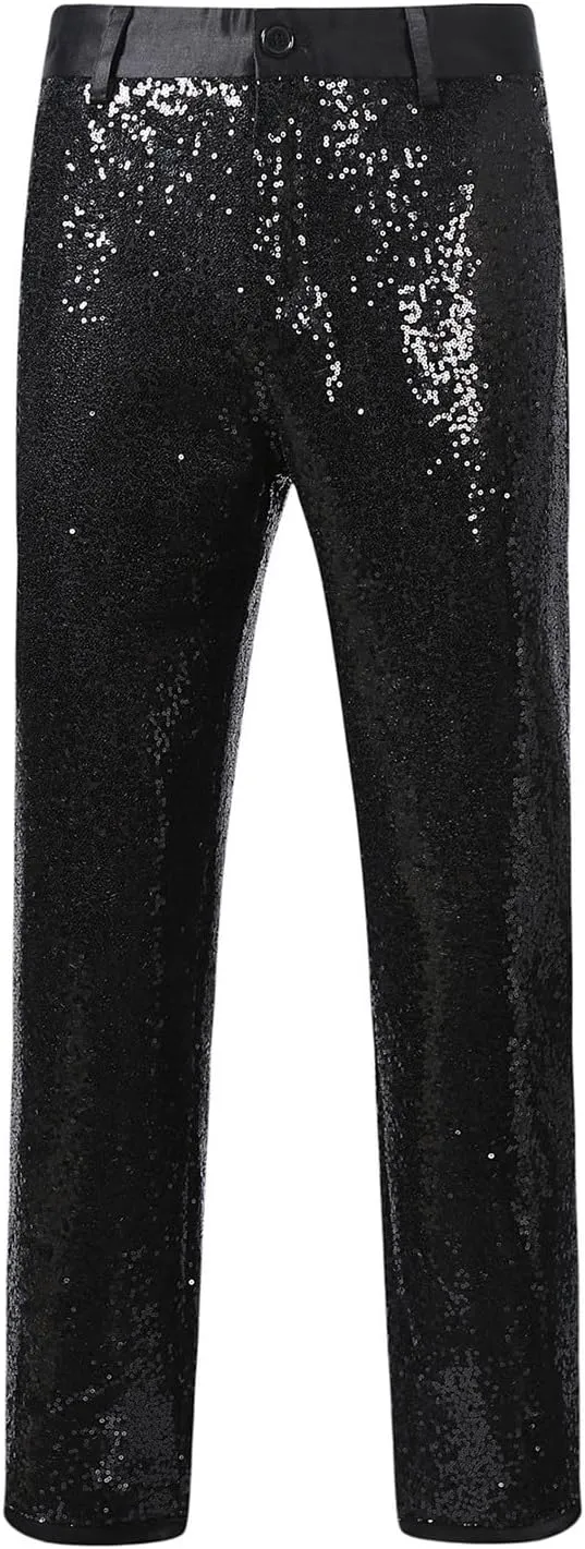 Men's Sequin Dress Pants Straight Leg Shiny Suit Pants Bussiness Casual Work Trousers with Pockets