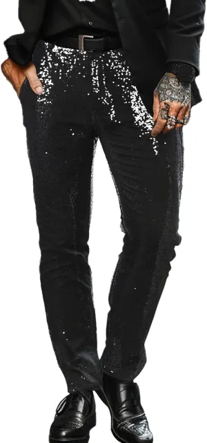 Men's Sequin Dress Pants Straight Leg Shiny Suit Pants Bussiness Casual Work Trousers with Pockets