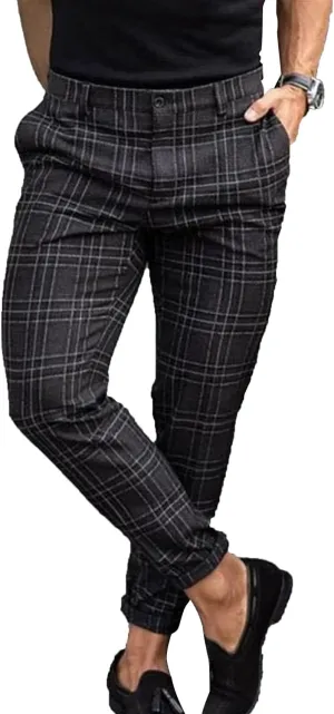 Men's Slim Fit Stretch Plaid Dress Pants with Pockets Checks Pattern Chino Trousers Fashion Casual Elasticity Button Pant (Black,Large)