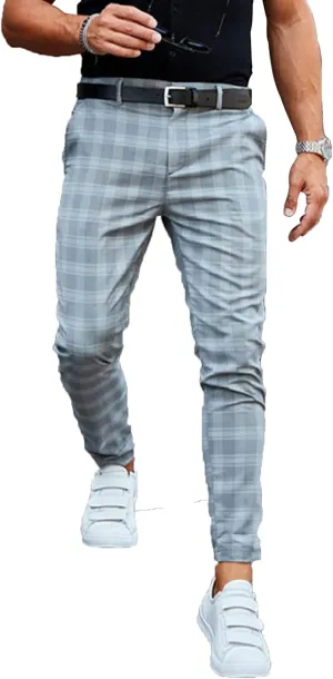 Men's Slim Fit Stretch Plaid Dress Pants with Pockets Checks Pattern Chino Trousers Fashion Casual Elasticity Button Pant (Blue,Medium)