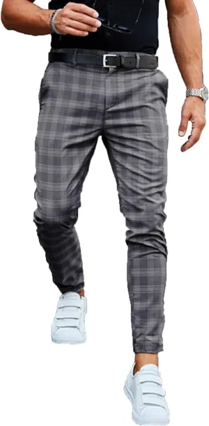 Mens Slim Fit Stretch Plaid Dress Pants with Pockets Checks Pattern Chino Trousers Fashion Casual Elasticity Button Pant (Dark Gray,XX-Large)