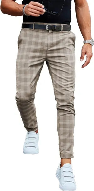 Men's Slim Fit Stretch Plaid Dress Pants with Pockets Checks Pattern Chino Trousers Fashion Casual Elasticity Button Pant (Khaki,X-Large)