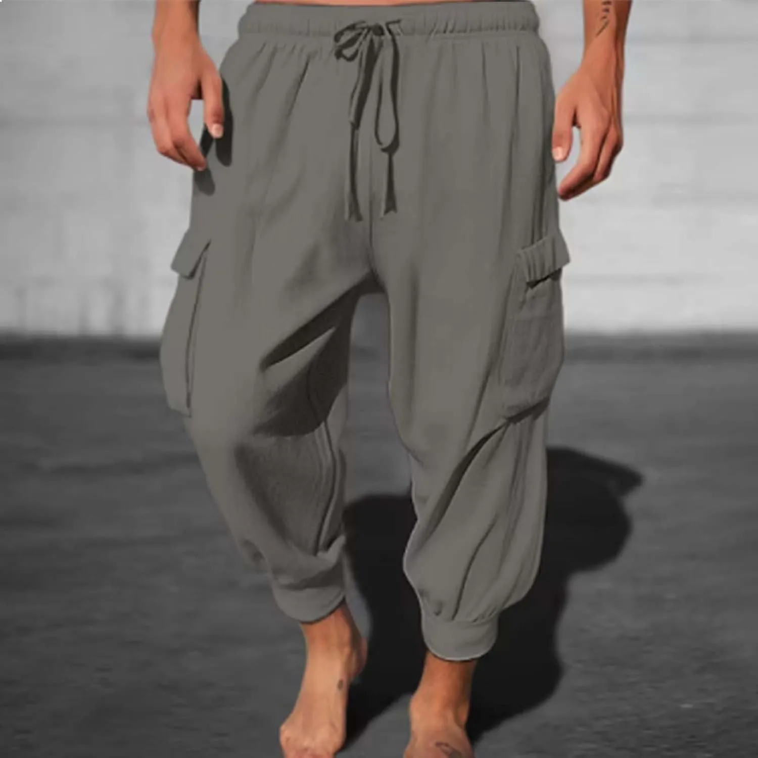 Mens Summer Yoga Pants Elastic Waist Ankle Length Cargo Pants with Multi Pockets Loose Fit Casual Cinch Bottom Trousers