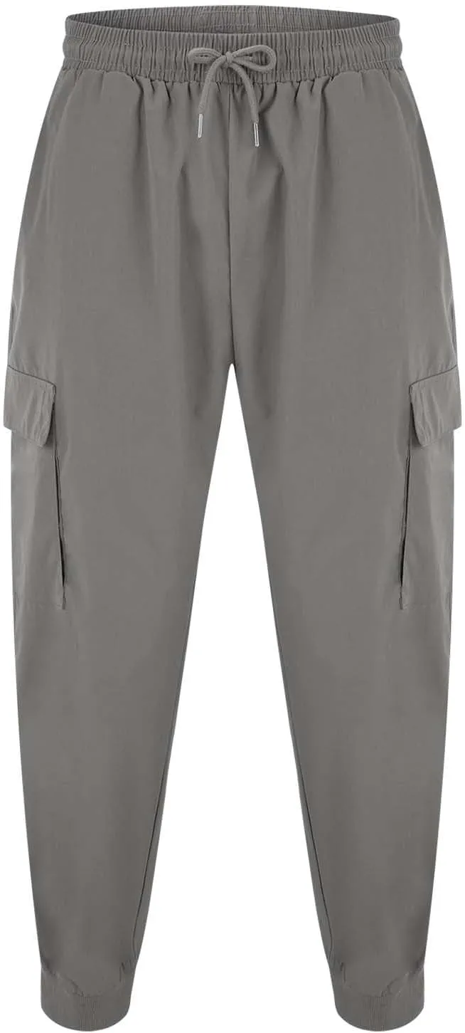 Mens Summer Yoga Pants Elastic Waist Ankle Length Cargo Pants with Multi Pockets Loose Fit Casual Cinch Bottom Trousers