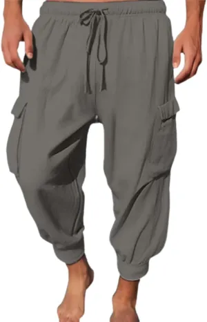 Mens Summer Yoga Pants Elastic Waist Ankle Length Cargo Pants with Multi Pockets Loose Fit Casual Cinch Bottom Trousers
