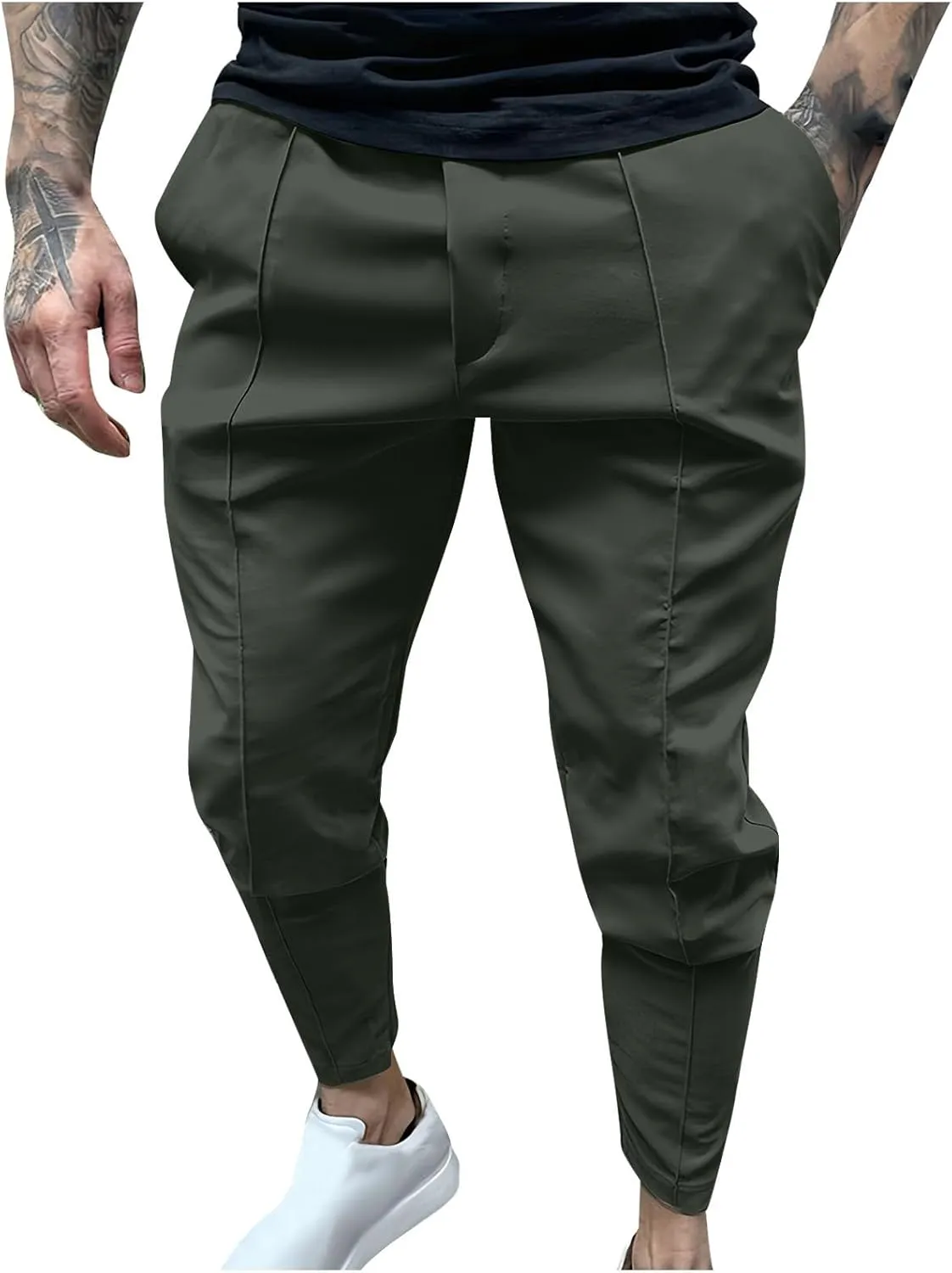 Men's Twill Jogger Pants Elastic Waist Drawstring Chino Pants Slim Fit Casual Dress Trousers with Pockets