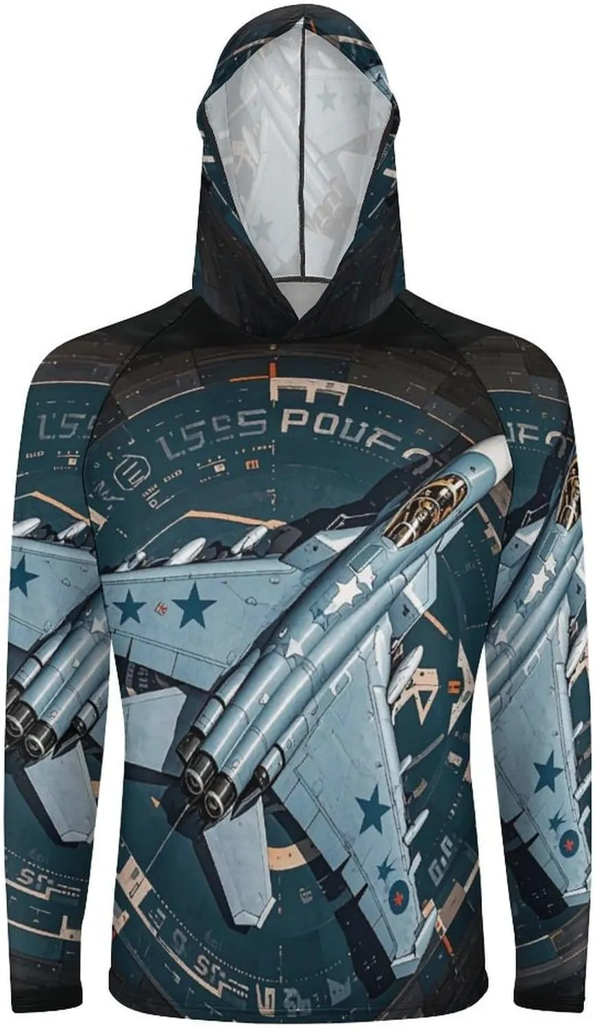 Men's UPF 50  Sun Protection Hoodie Outdoor UV Shirts Air Force Fighter Jet Long Sleeve Quick Dry Fishing Hiking Shirt
