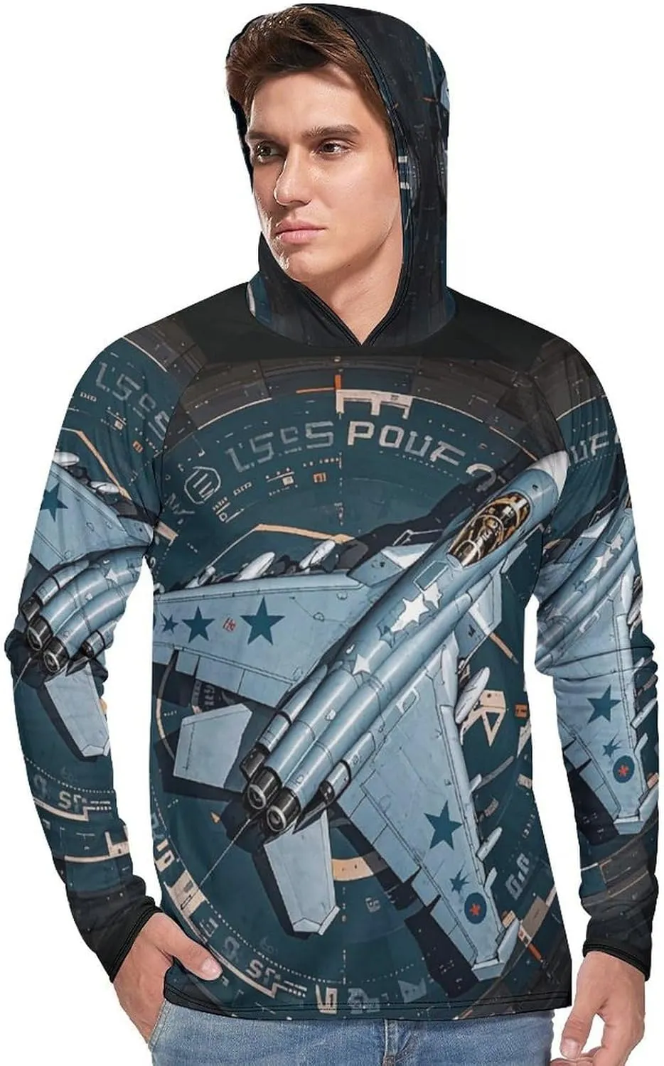 Men's UPF 50  Sun Protection Hoodie Outdoor UV Shirts Air Force Fighter Jet Long Sleeve Quick Dry Fishing Hiking Shirt