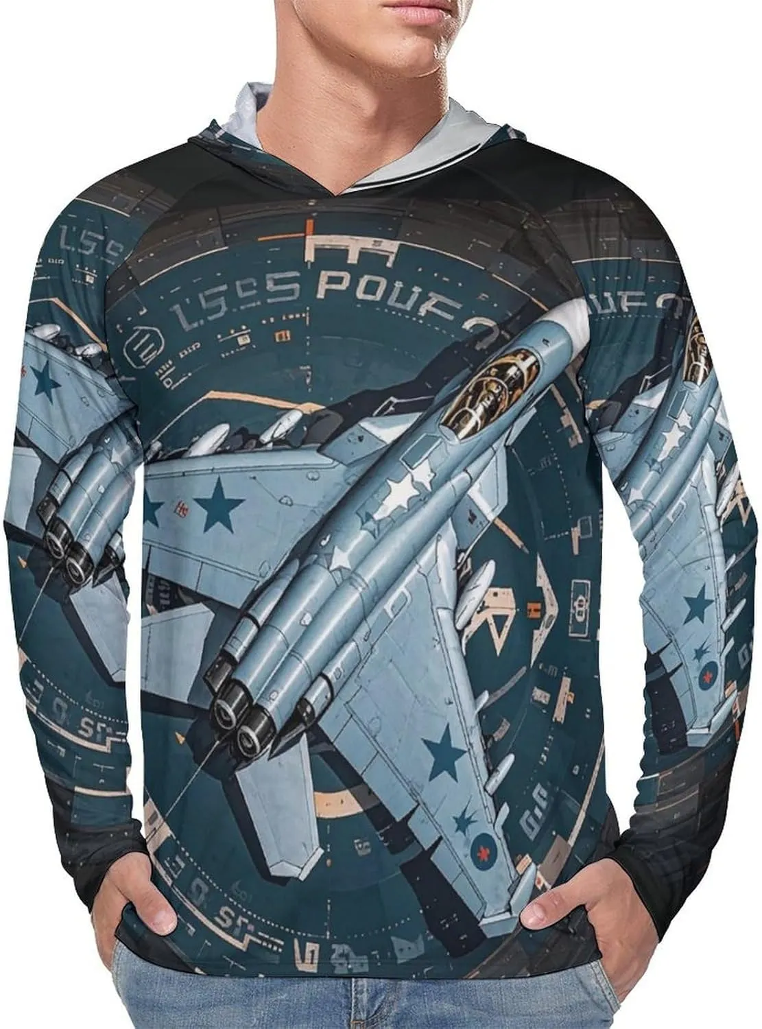 Men's UPF 50  Sun Protection Hoodie Outdoor UV Shirts Air Force Fighter Jet Long Sleeve Quick Dry Fishing Hiking Shirt