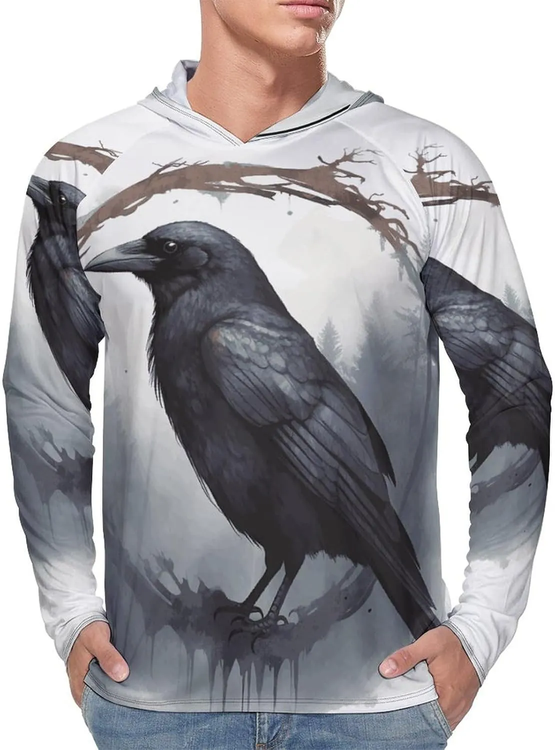 Men's UPF 50  Sun Protection Hoodie Outdoor UV Shirts Black Crow Long Sleeve Quick Dry Fishing Hiking Shirt