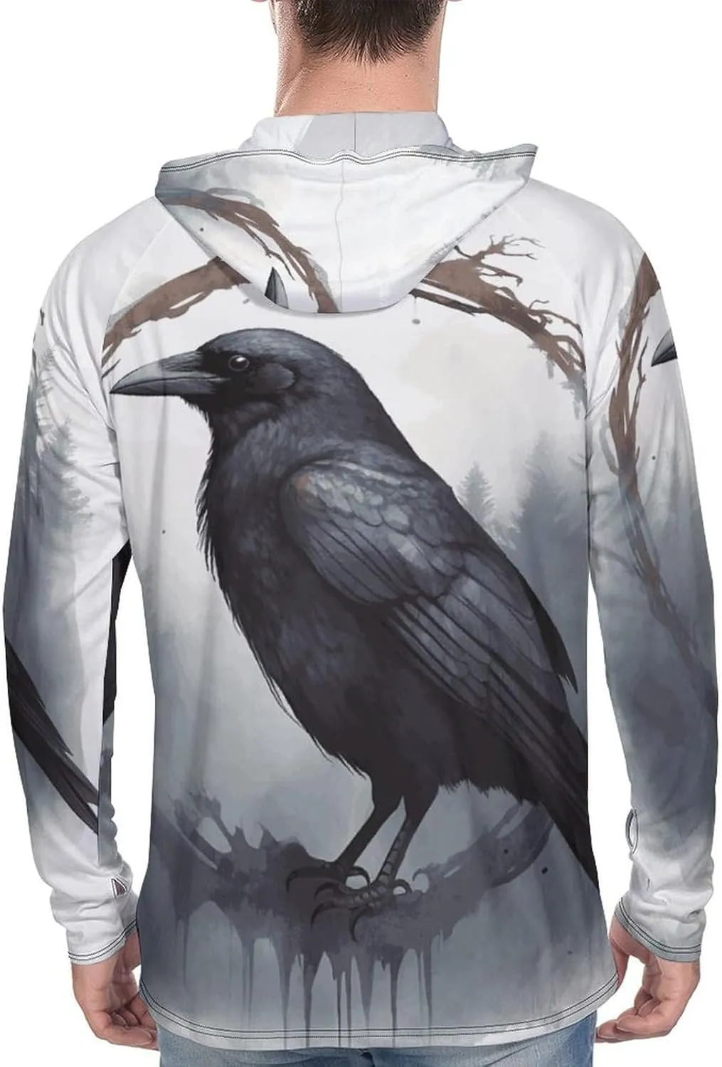 Men's UPF 50  Sun Protection Hoodie Outdoor UV Shirts Black Crow Long Sleeve Quick Dry Fishing Hiking Shirt