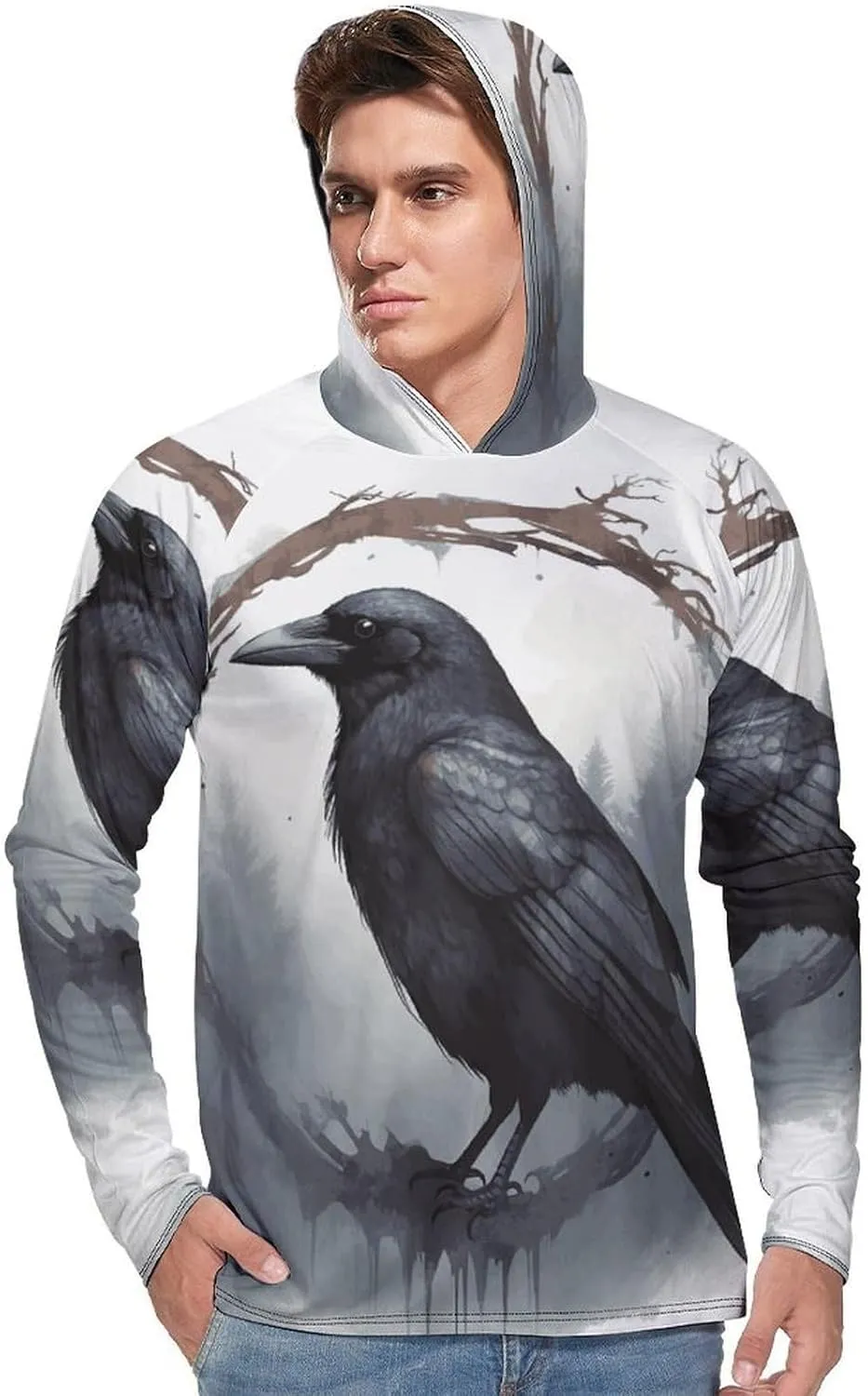 Men's UPF 50  Sun Protection Hoodie Outdoor UV Shirts Black Crow Long Sleeve Quick Dry Fishing Hiking Shirt