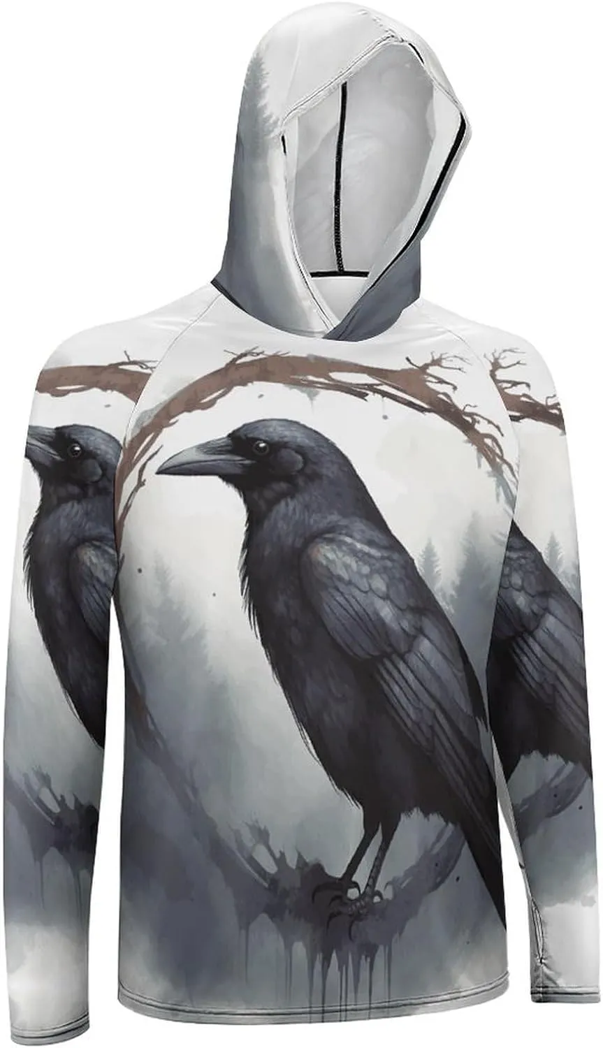 Men's UPF 50  Sun Protection Hoodie Outdoor UV Shirts Black Crow Long Sleeve Quick Dry Fishing Hiking Shirt