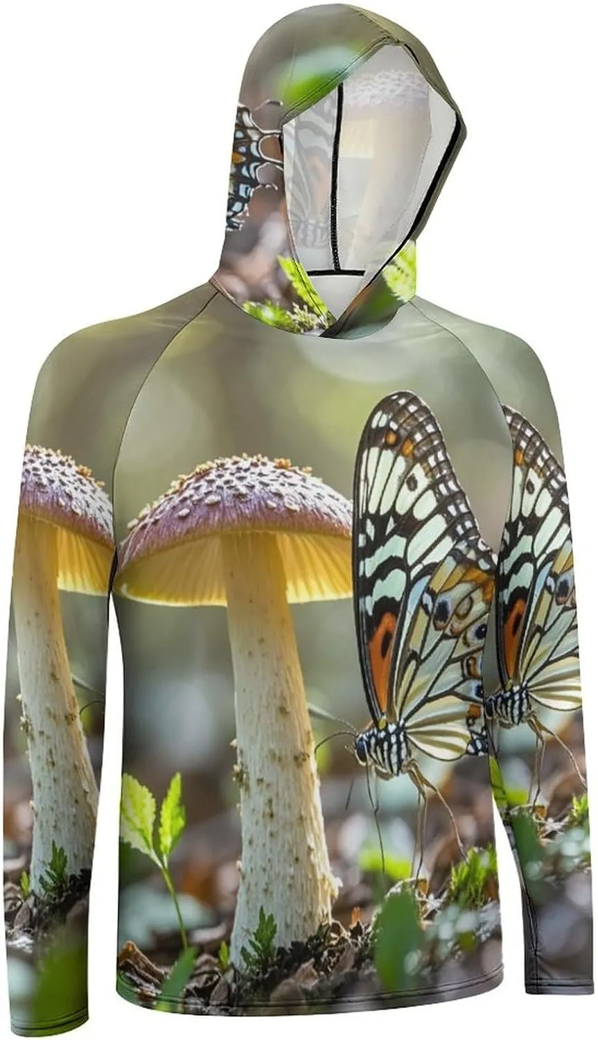 Men's UPF 50  Sun Protection Hoodie Outdoor UV Shirts Butterfly Mushroom Long Sleeve Quick Dry Fishing Hiking Shirt