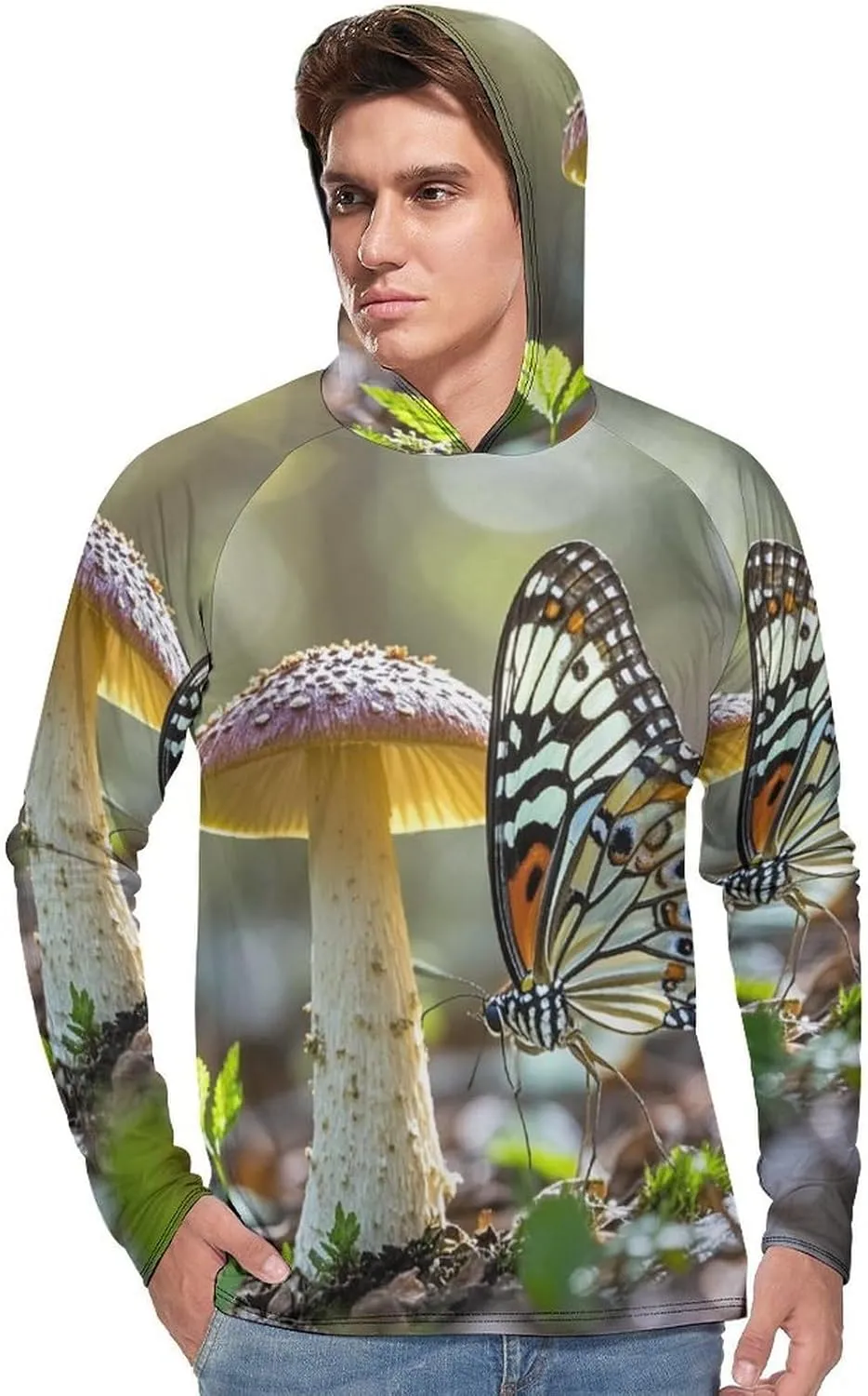 Men's UPF 50  Sun Protection Hoodie Outdoor UV Shirts Butterfly Mushroom Long Sleeve Quick Dry Fishing Hiking Shirt