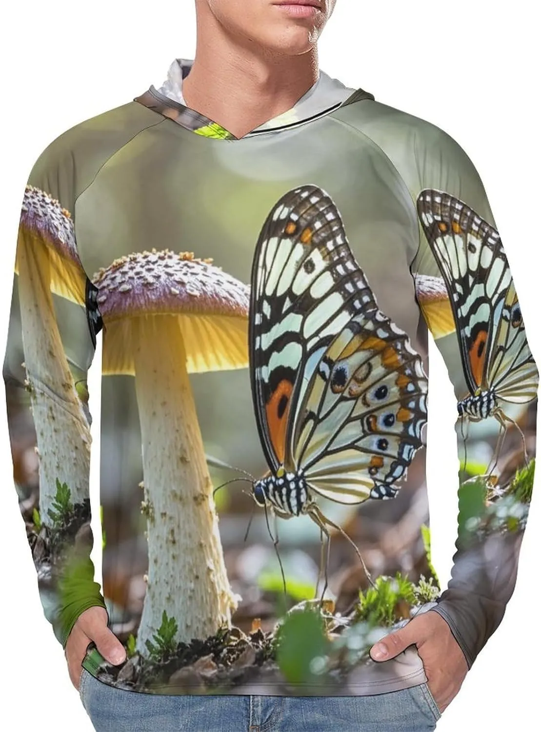 Men's UPF 50  Sun Protection Hoodie Outdoor UV Shirts Butterfly Mushroom Long Sleeve Quick Dry Fishing Hiking Shirt