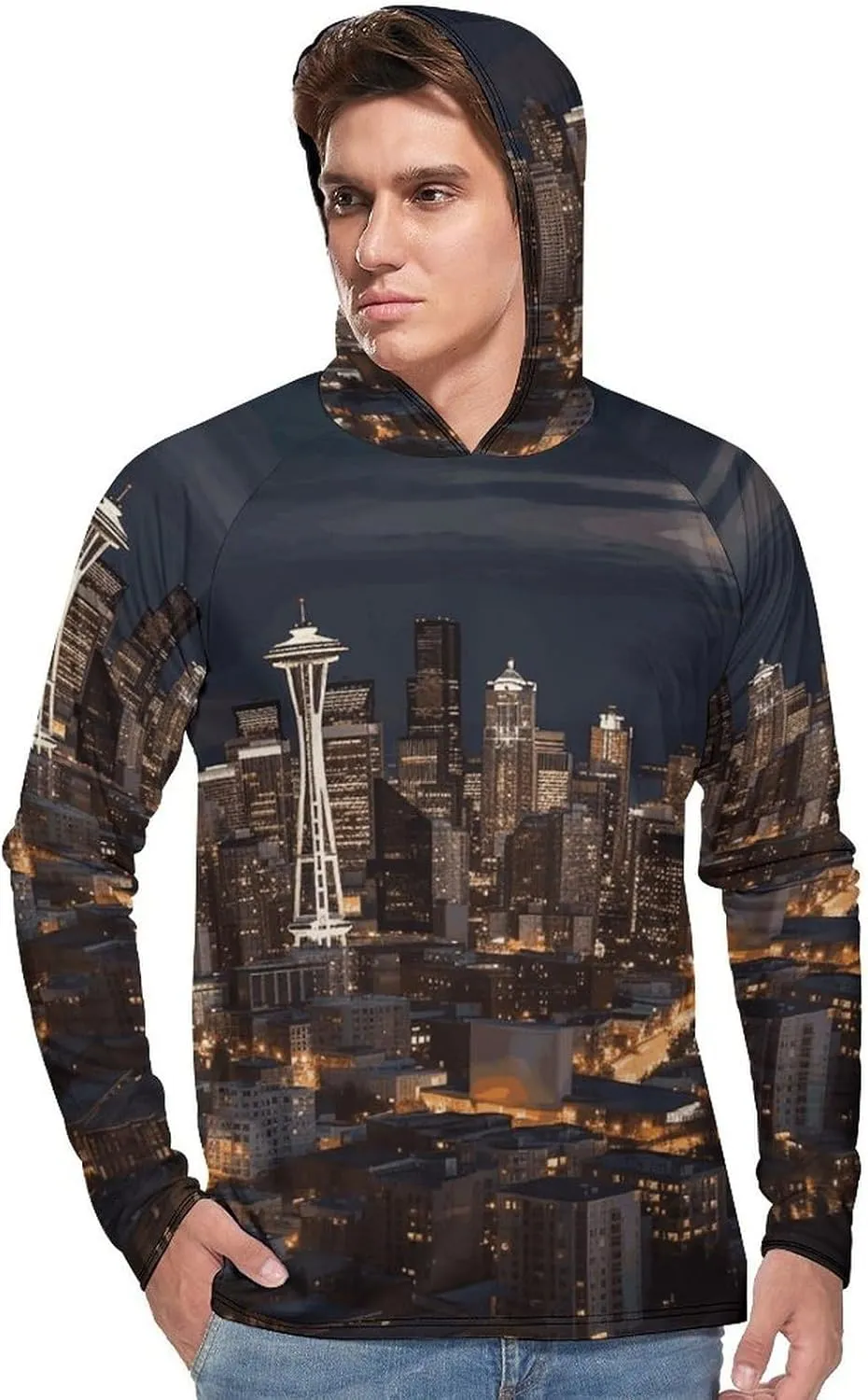 Men's UPF 50  Sun Protection Hoodie Outdoor UV Shirts City Seattle Long Sleeve Quick Dry Fishing Hiking Shirt