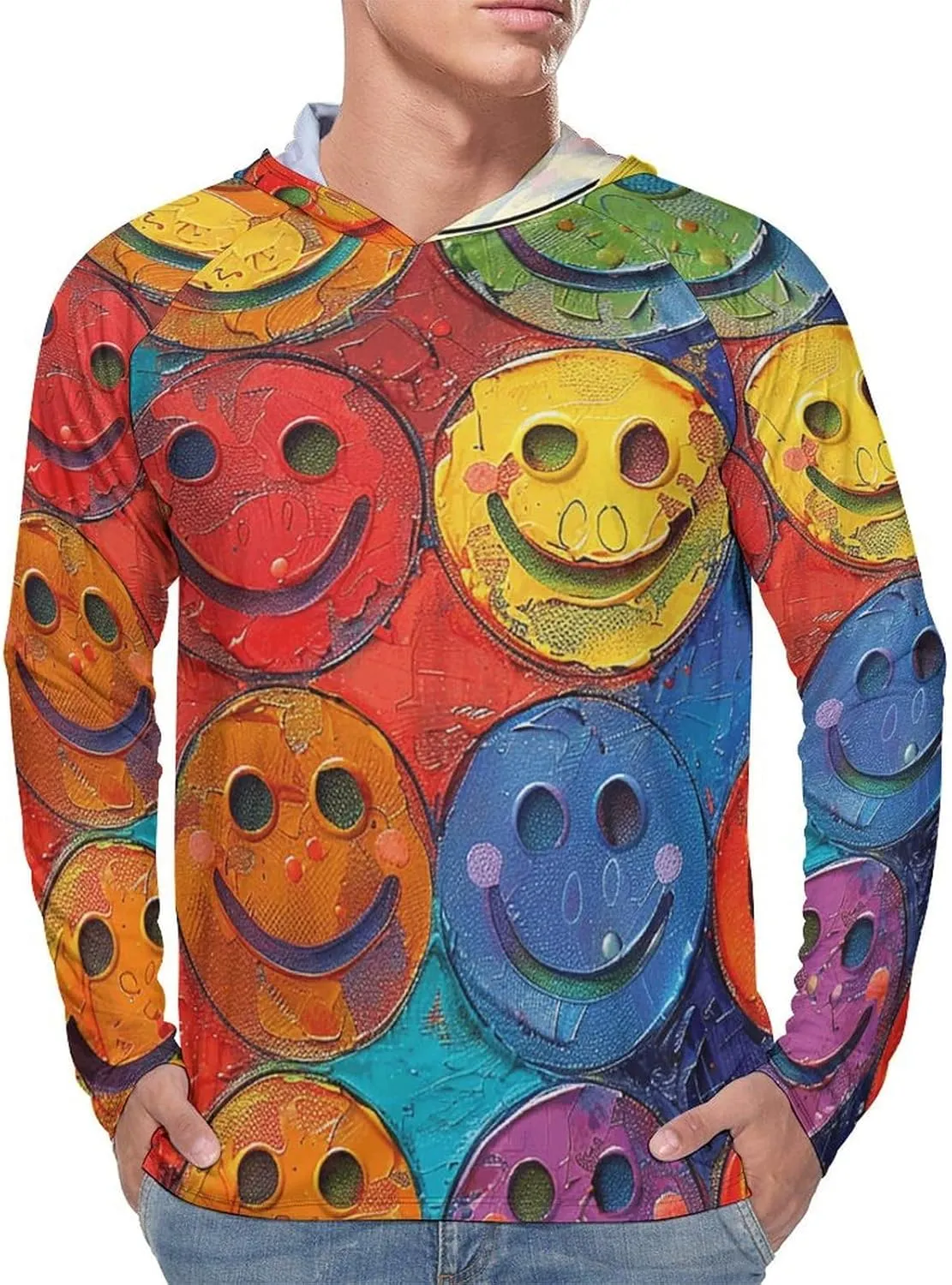 Men's UPF 50  Sun Protection Hoodie Outdoor UV Shirts Colorful Smiley Face Long Sleeve Quick Dry Fishing Hiking Shirt